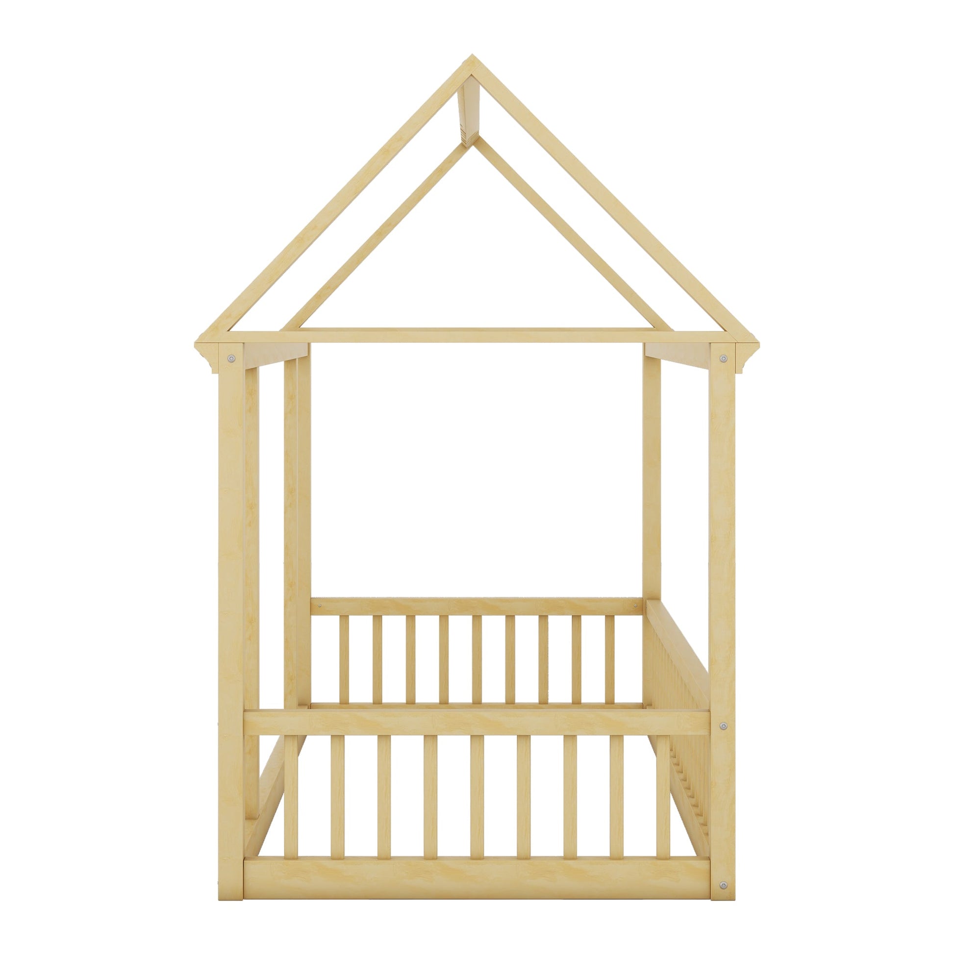 Twin Size Floor Wooden Bed with House Roof Frame and Safety Guardrails,Natural - Korvel