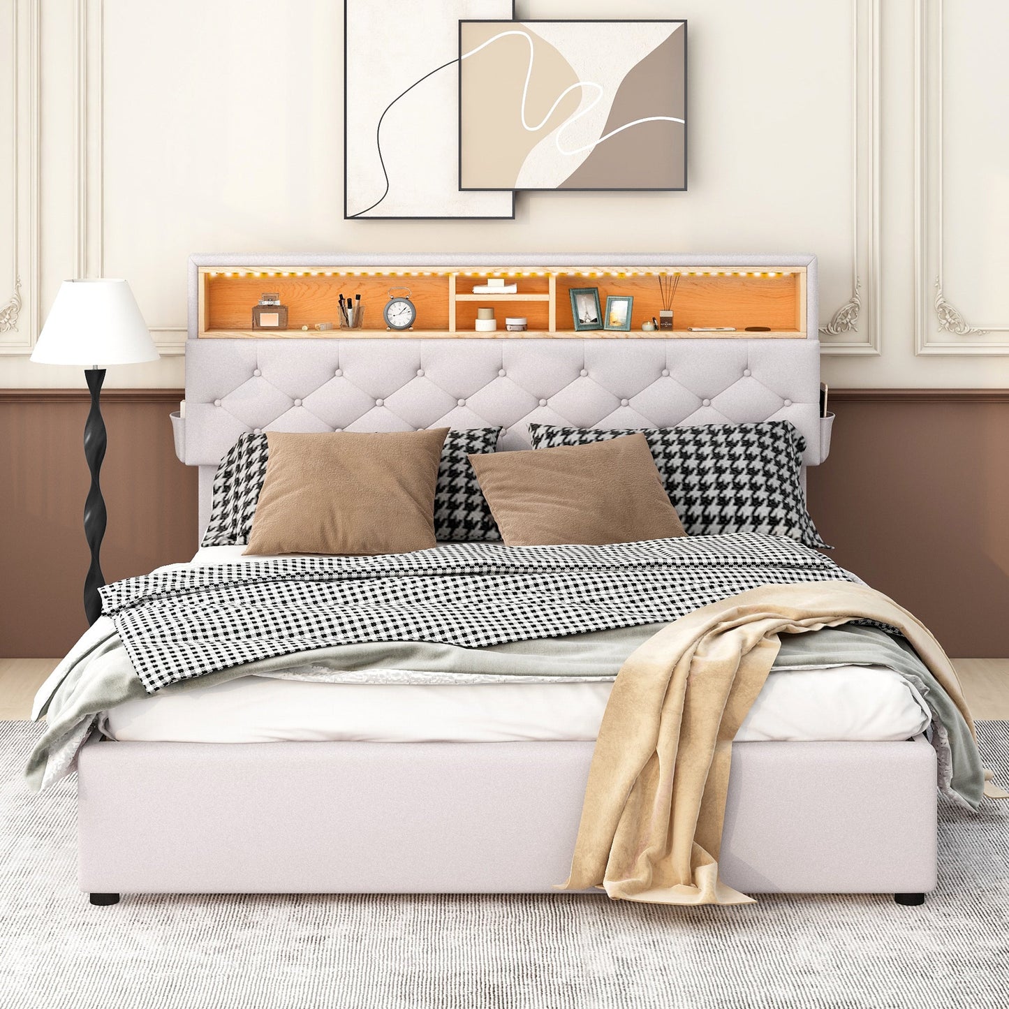 Queen Size Upholstered Platform Bed with Storage Headboard  LED  USB Charging and 2 Drawers  Beige - Korvel