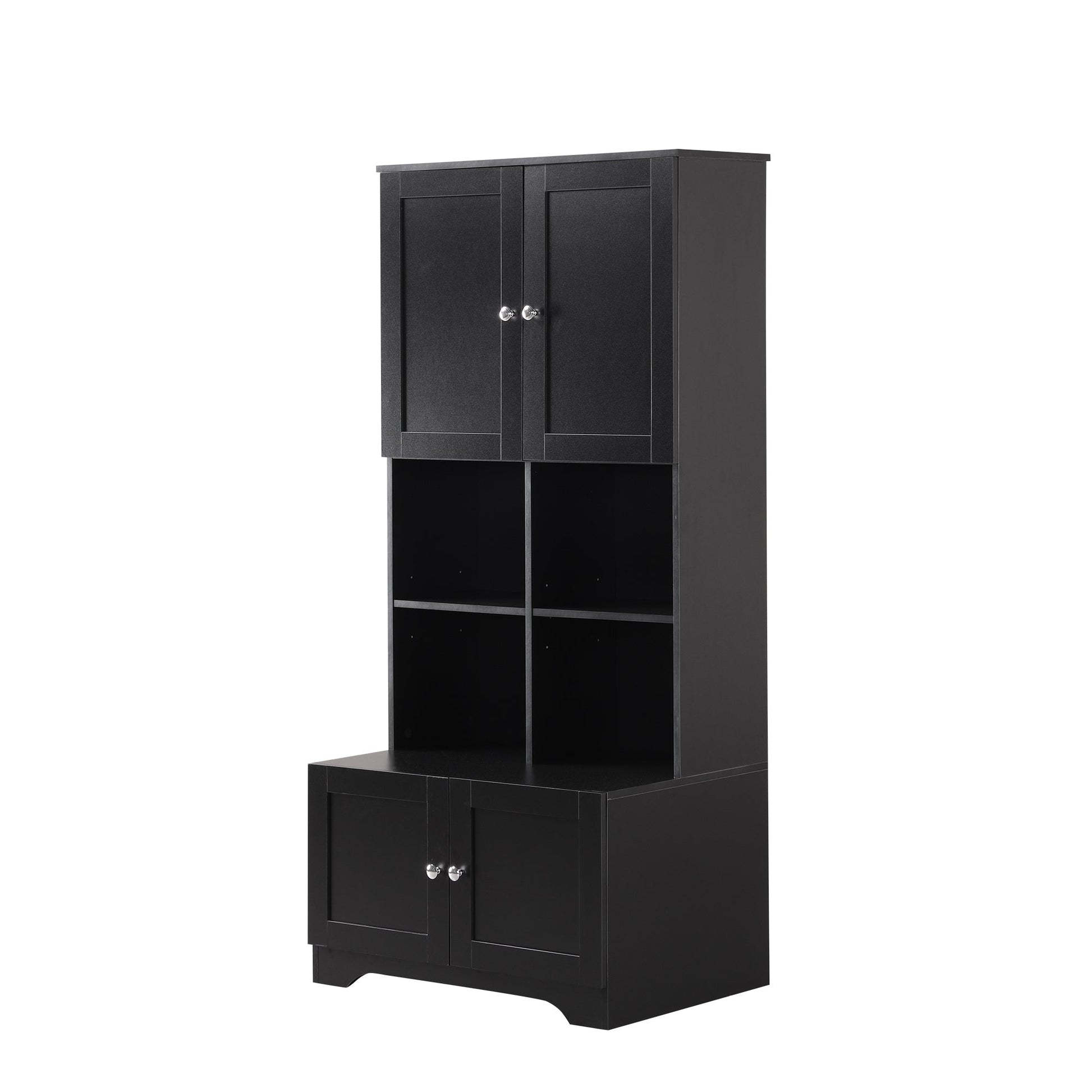 Bathroom storage cabinet, 4-door independent cabinet, adjustable shelf, open multi-layer shelf, black - Korvel