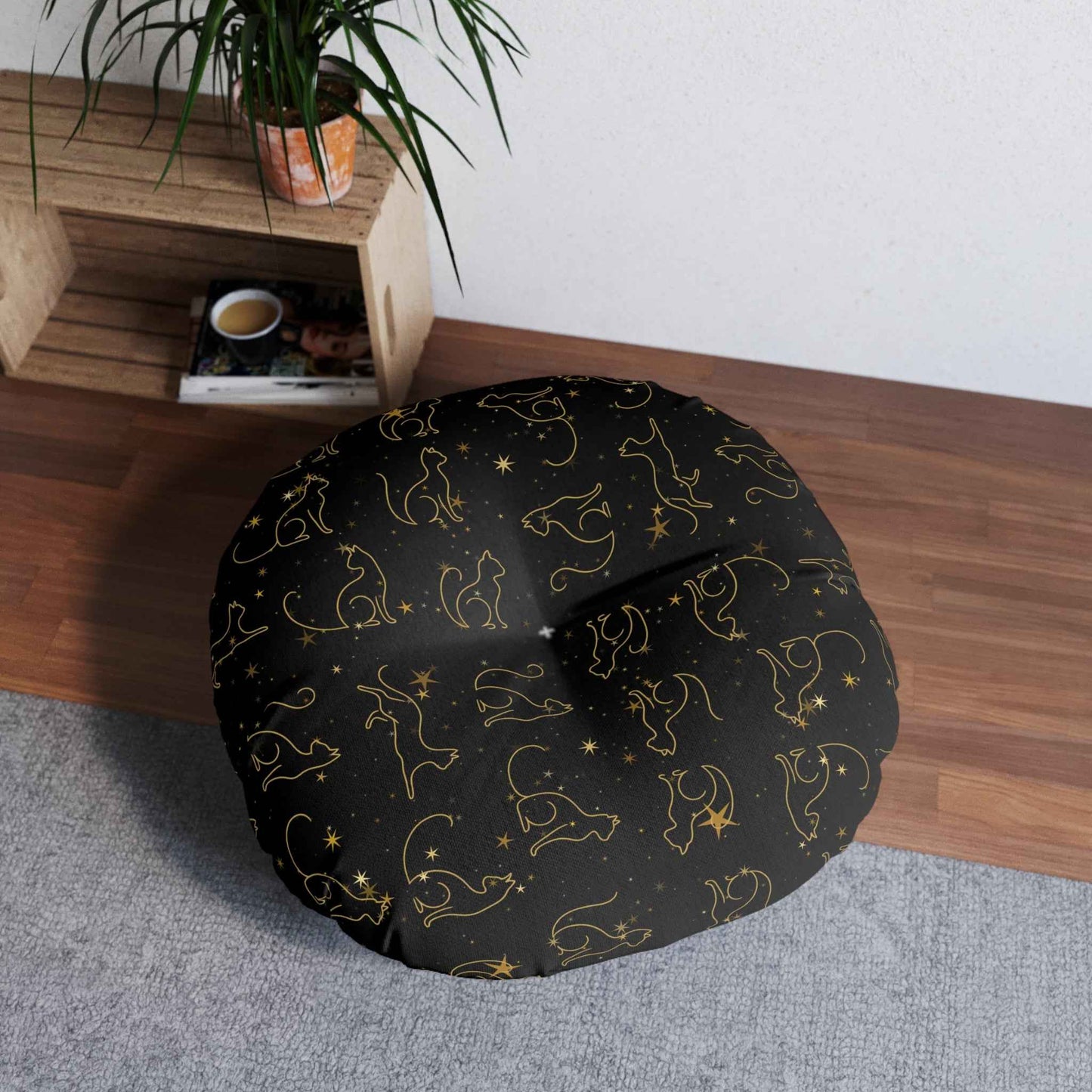 Cojín de Suelo Tufted con Gatos de Línea en Foil Dorado - Negro