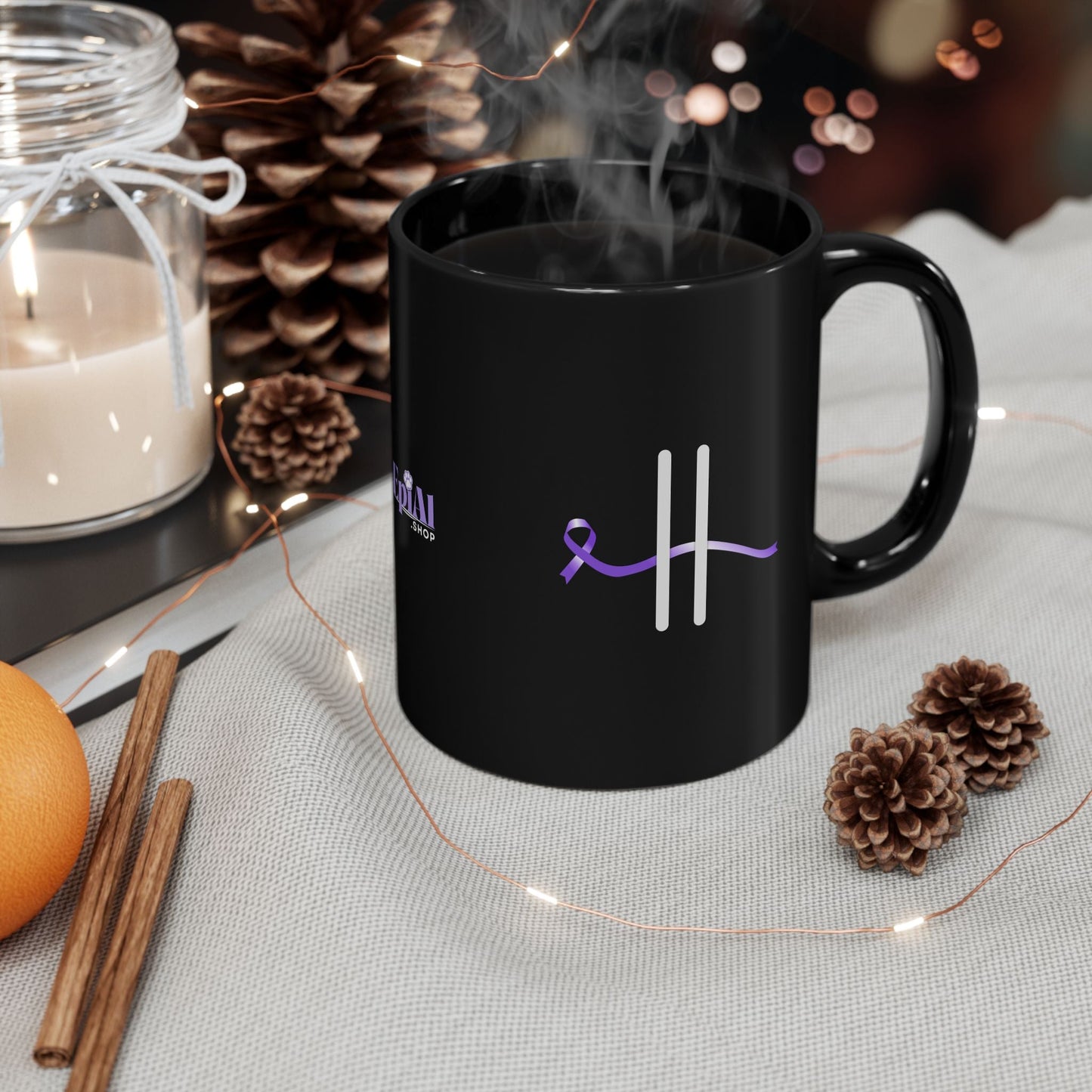 Pause for Epilepsy Awareness Purple Ribbon Black Ceramic Mug