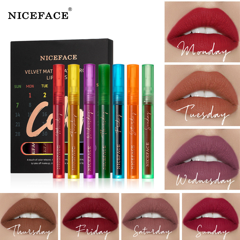 Niceface Weekly Lip Gloss 7 Sticks Lip Gloss Velvet Matte Lip Gloss Set Matte Non-Stick Cup Waterproof Makeup - Korvel
