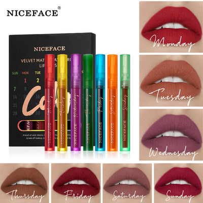 Niceface Weekly Lip Gloss 7 Sticks Lip Gloss Velvet Matte Lip Gloss Set Matte Non-Stick Cup Waterproof Makeup - Korvel