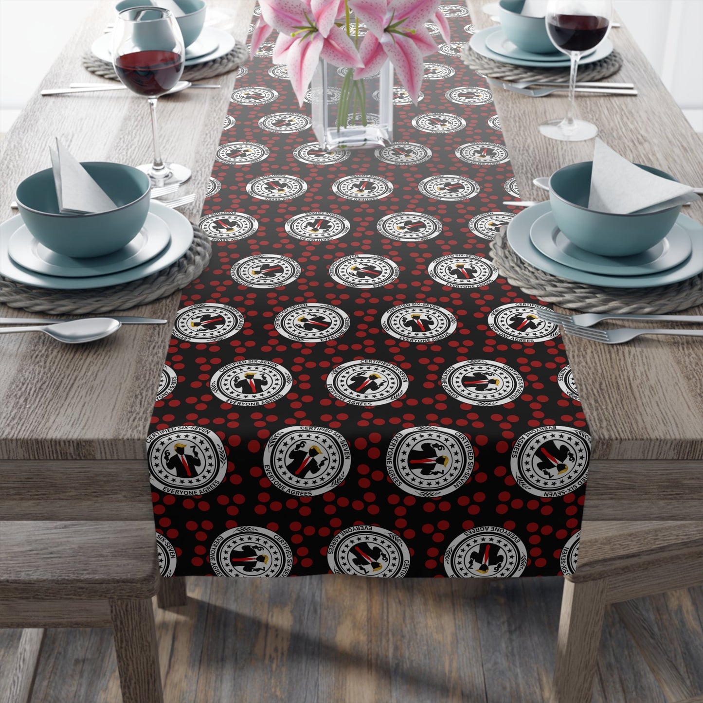 Certified Six Seven Table Runner – Political Parody Medallion Decor
