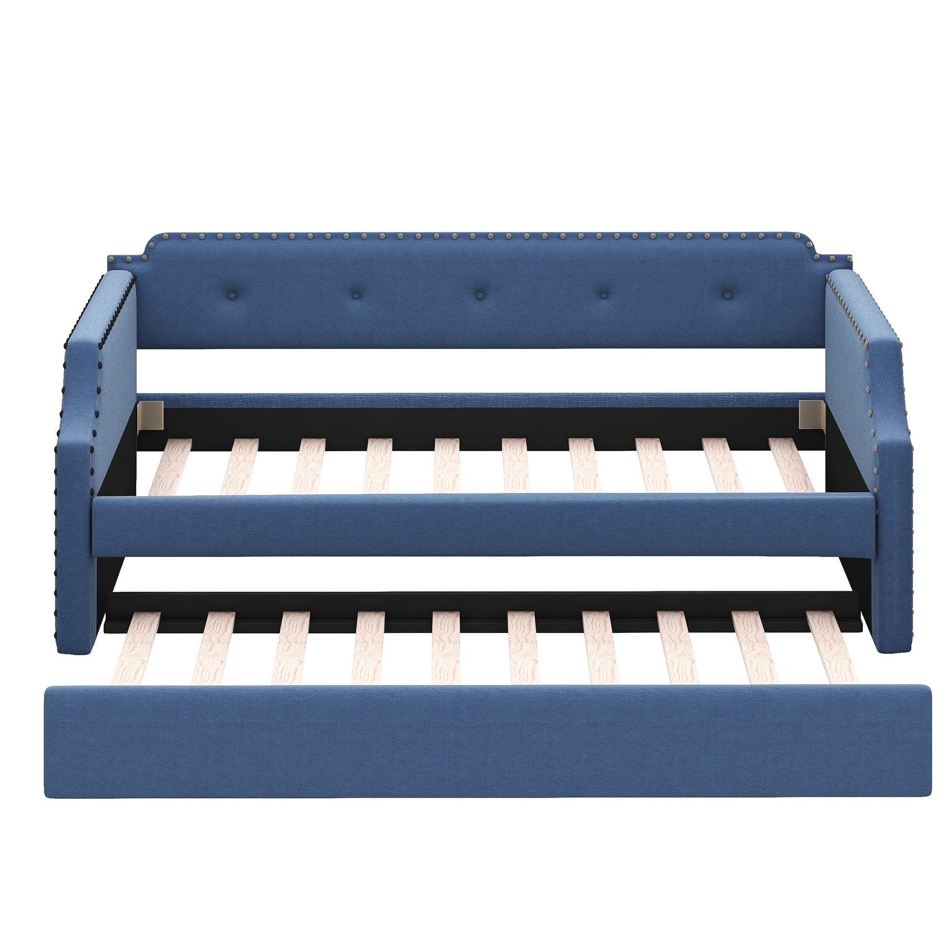 Upholstered Daybed with Trundle, Wood Slat Support,Upholstered Frame Sofa Bed Twin Blue - Korvel