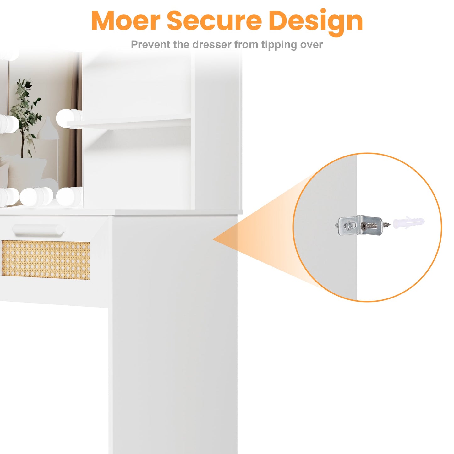Vanity Desk Set Stool & Dressing Table with LED Lighting Mirror Drawer and Wood Cosmetic Table Chest of Drawers White Color - Korvel