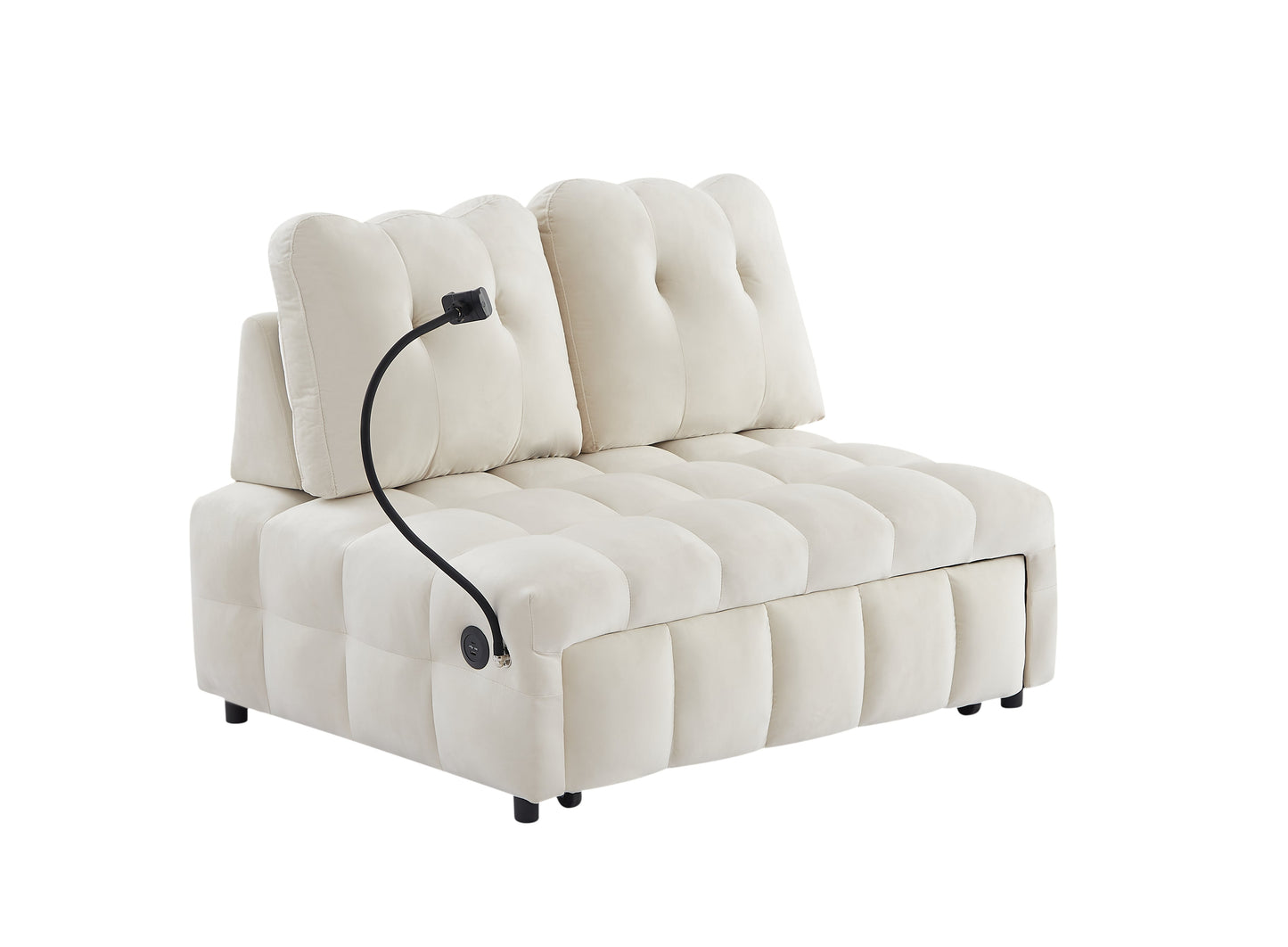 Beige Velvet Modern Sofa with Pull-Out Bed and USB Port