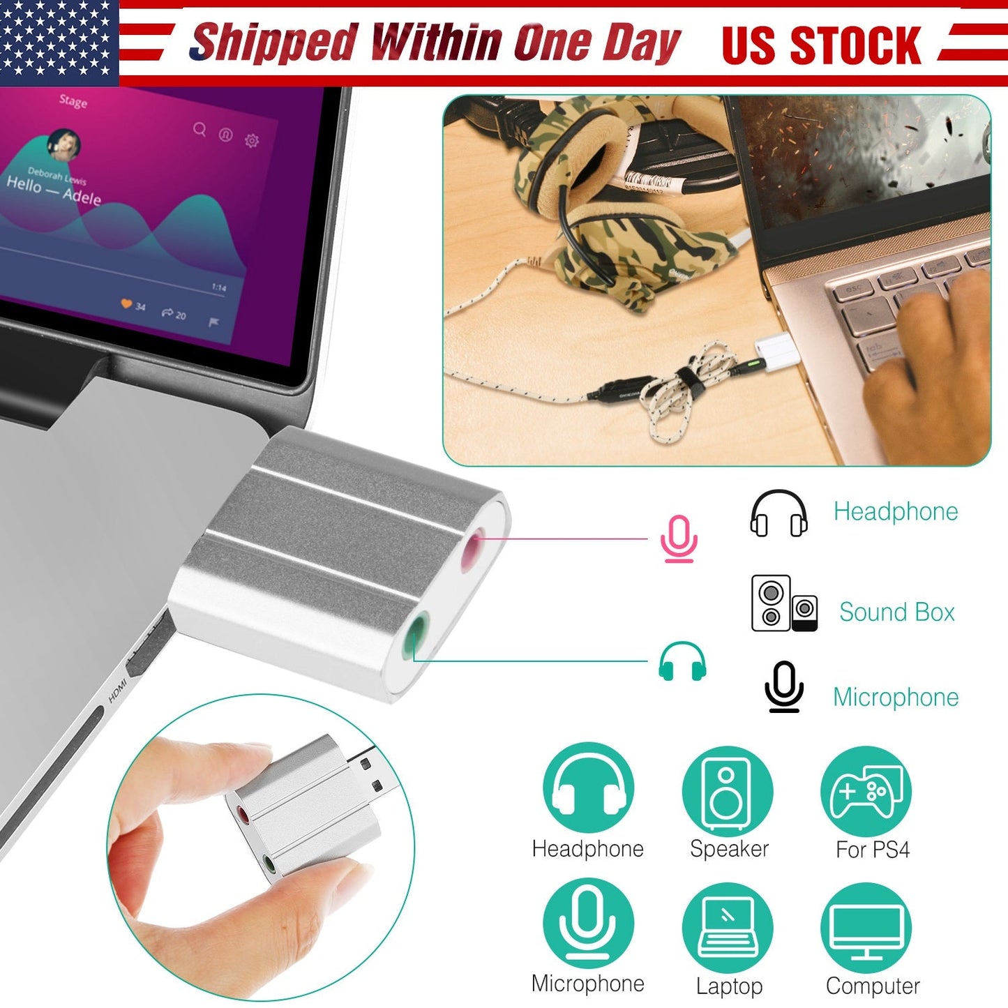USB Audio Adapter - External Stereo Sound Card for PC & Laptops