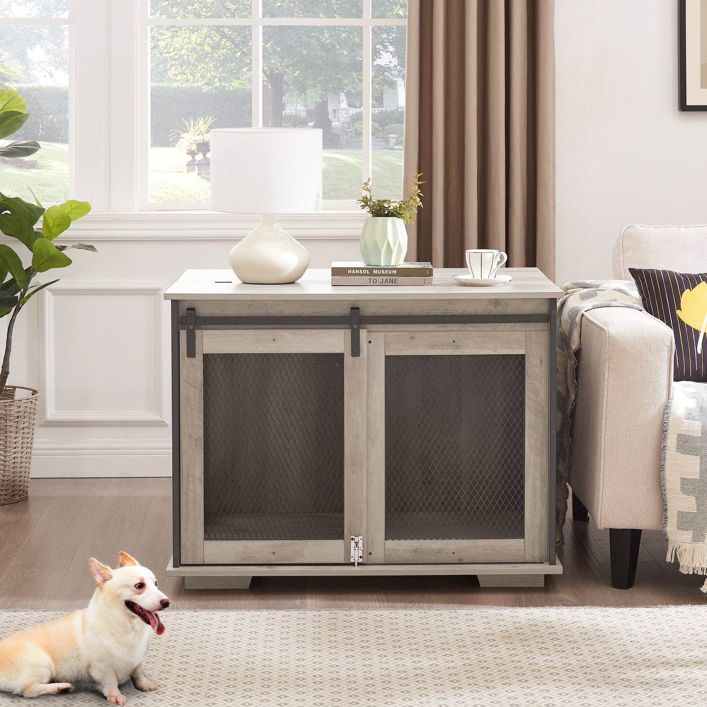 Farmhouse Dog Cage Crate Furniture with Sliding Barn Door, Farmhouse Wooden Dog Kennel End Table with Flip-top Plate Dog House - Korvel