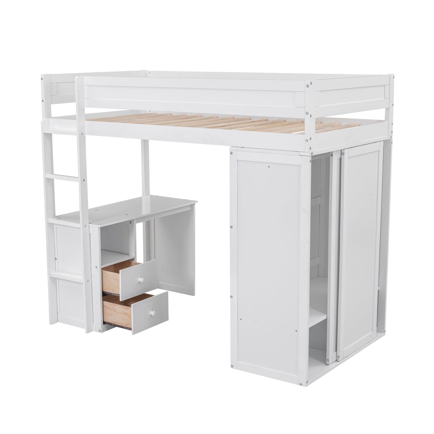Wood Twin Size Loft Bed with Wardrobes and 2-Drawer Desk with Cabinet  White - Korvel
