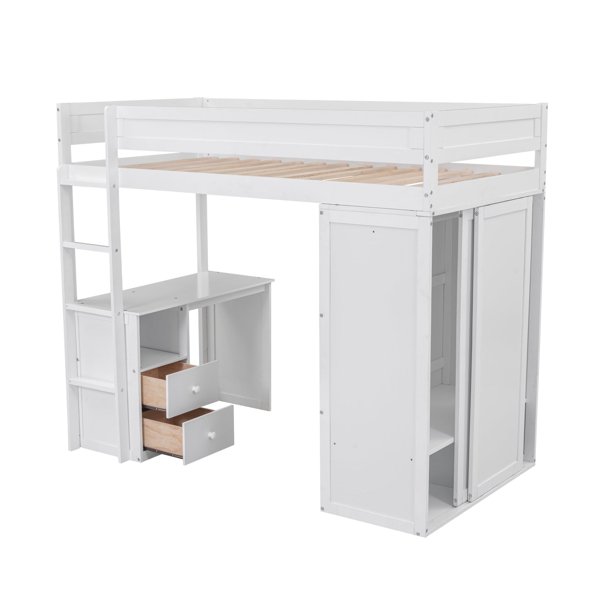 Wood Twin Size Loft Bed with Wardrobes and 2-Drawer Desk with Cabinet  White - Korvel