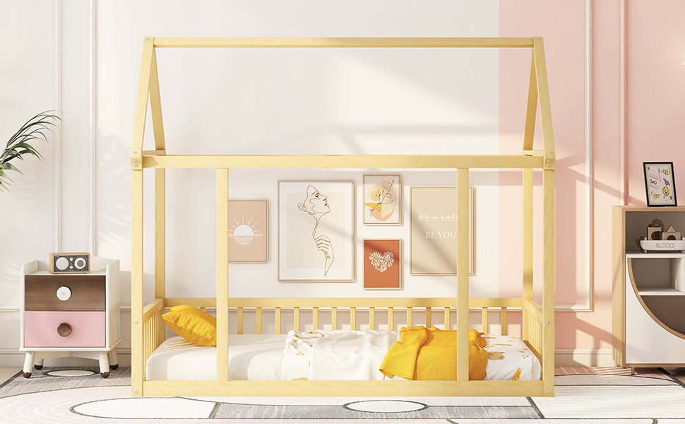 Twin Size Floor Wooden Bed with House Roof Frame and Safety Guardrails,Natural - Korvel
