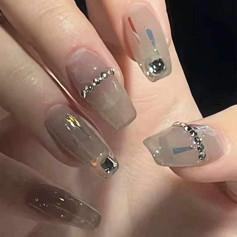 Transparent Gray Manicure Niche High-End Square Drill Wearing Nails Fake Nails Removable Nail Stickers Nail Stickers Finished Nails - Korvel