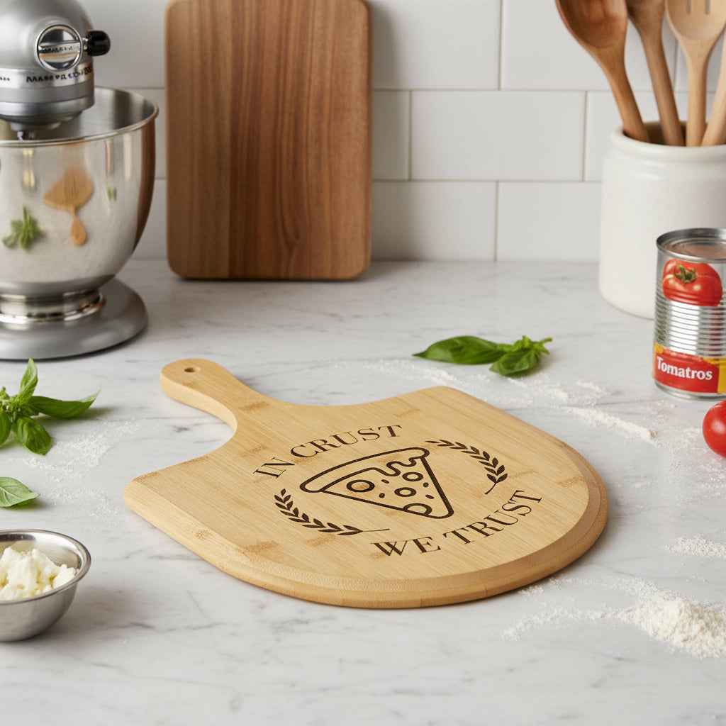 En la Corteza Confiamos Tabla de Pizza de Bambú Grabada