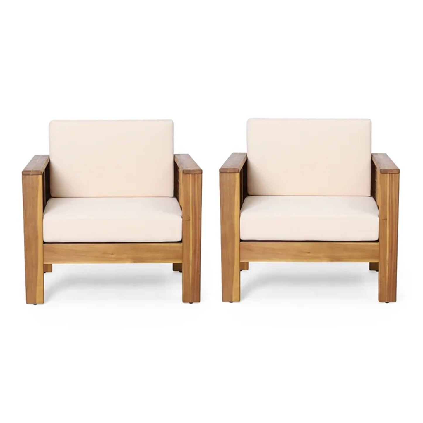 ( Set of 2) Outdoor Acacia Wood Club Chairs with Cushions, Teak+Beige, 27.75"D x 32"W x 27.75"H - Korvel