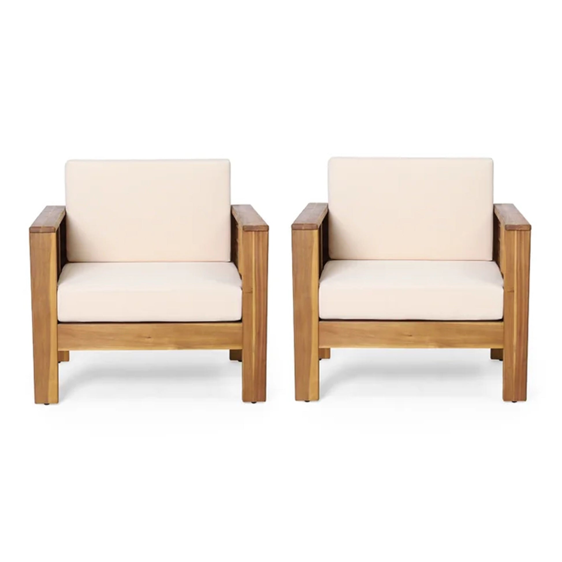 ( Set of 2) Outdoor Acacia Wood Club Chairs with Cushions, Teak+Beige, 27.75"D x 32"W x 27.75"H - Korvel