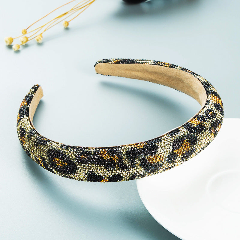 Hair Hoop Retro Baroque Starry Rhinestone Sponge Head Hoop Personality Wide-Brimmed Leopard Print Banquet Headwear Hairpin - Korvel
