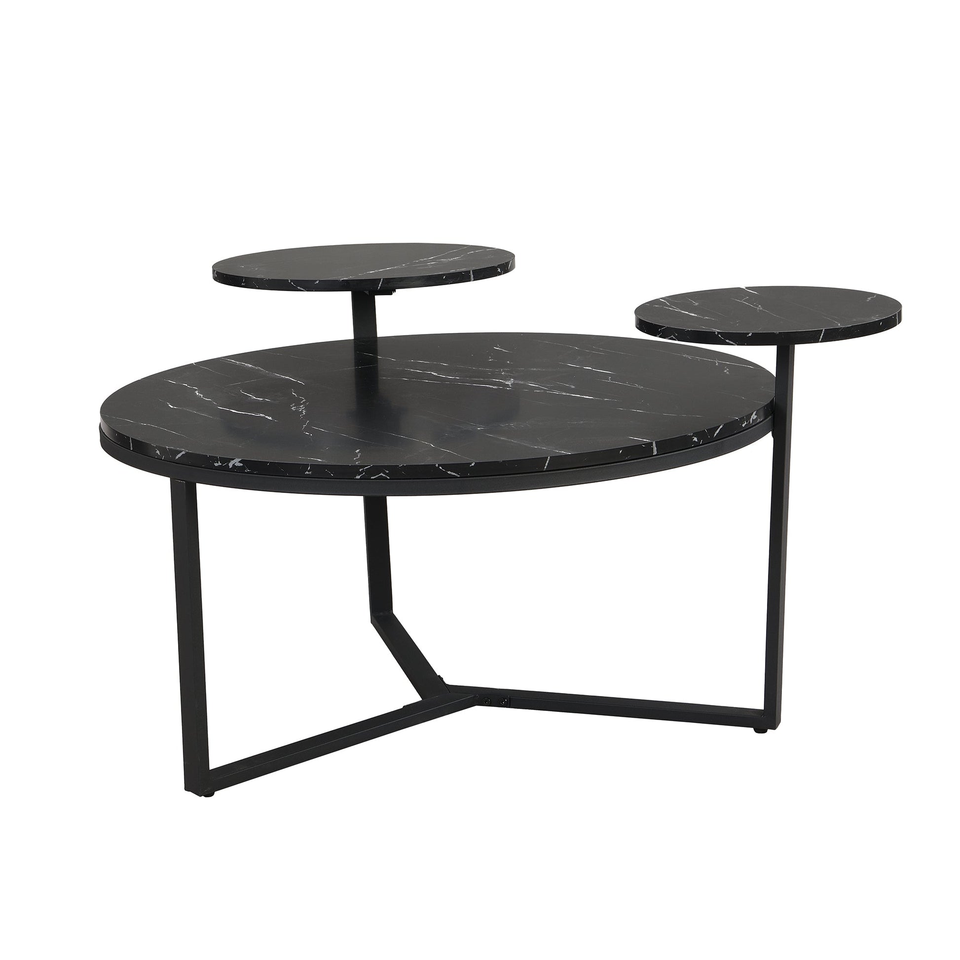 Modern coffee table with two display shelves, Black Faux marble surfaces, Tripod-inspired base,Rounded tabletop edges - Korvel