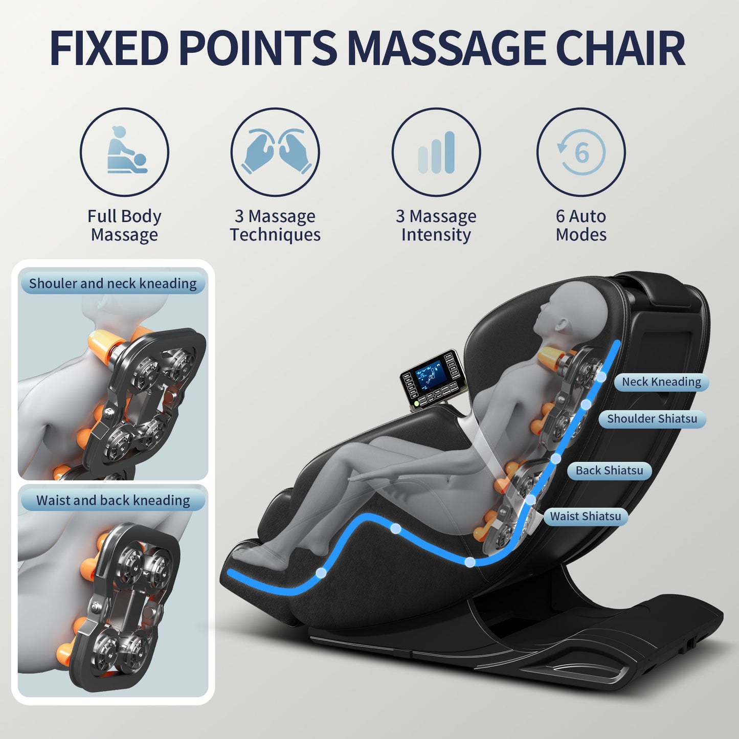 Full body deep tissue massage chair, foot massage, 8 fixed massage rollers, touch screen suitable for 5.1-5.75 feet high (black) - Korvel