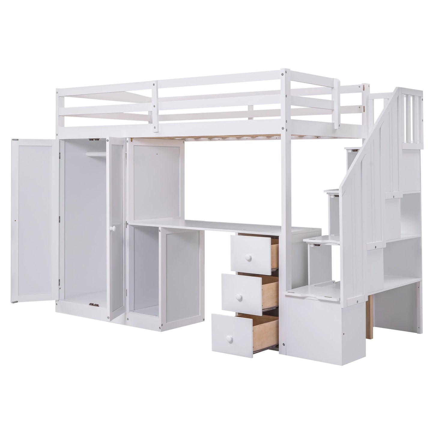 Elegant Twin Size Loft Bed with Wardrobe and Desk in White