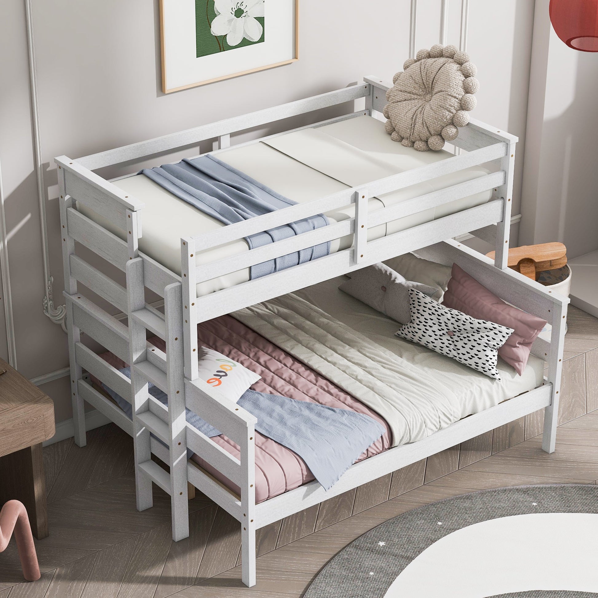 Wood Twin over Full Bunk Bed with Ladder White - Korvel