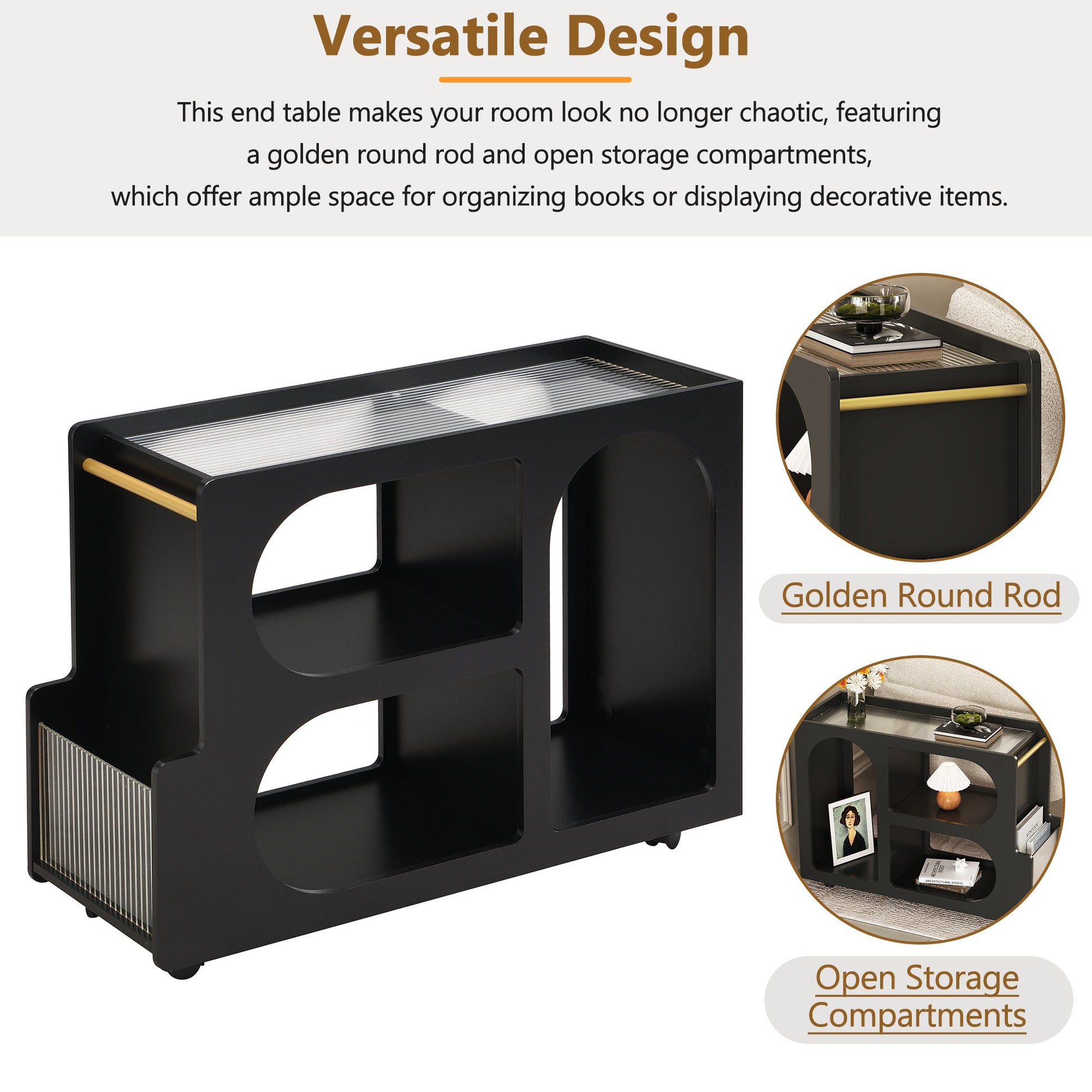 Stylish mobile desk with lockable wheels,bedside table with 5mm thick grooved tempered glass and gold round bars ，black - Korvel