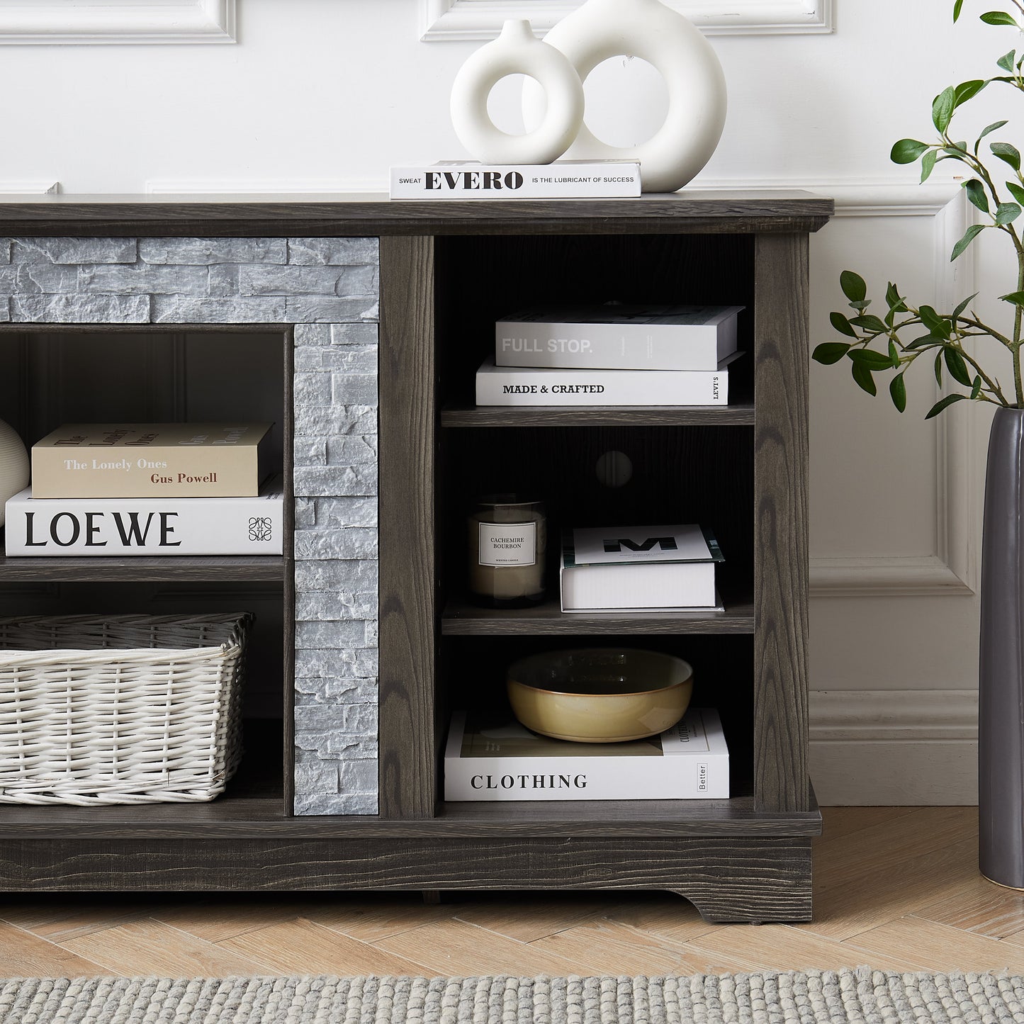 Mantel Stone modern entertainment console, manually stacked stone surrounds open storage space, gray - Korvel