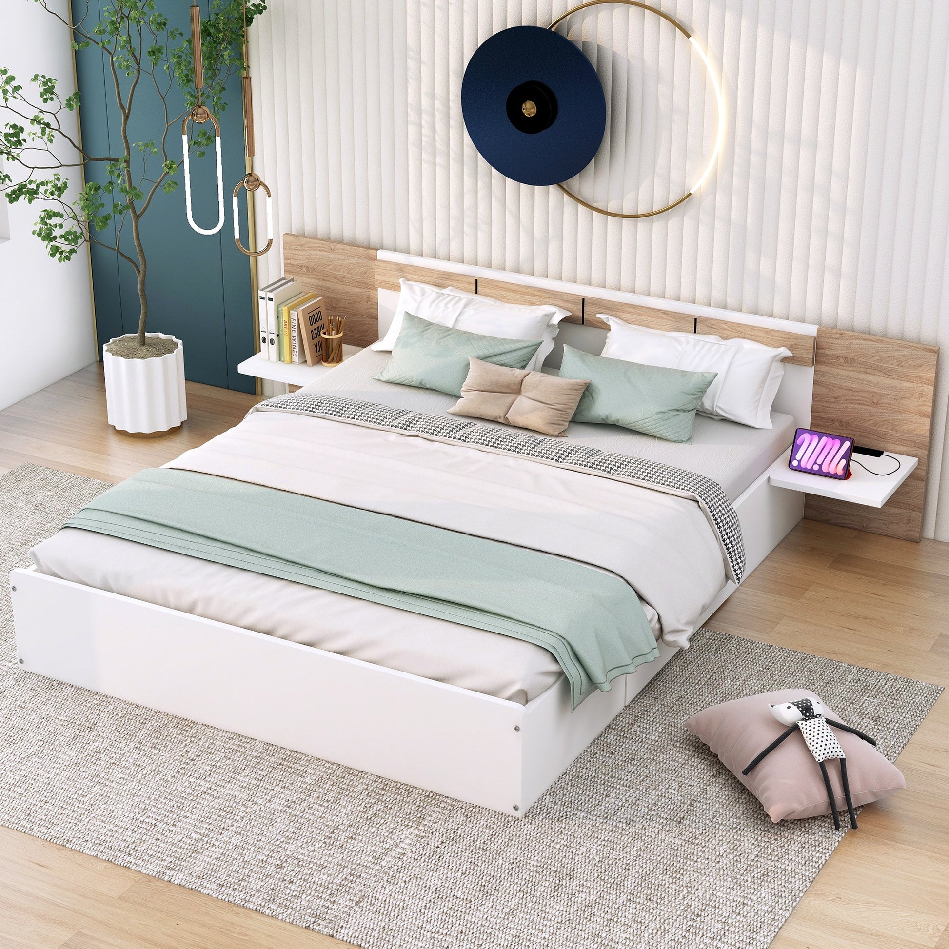Queen Size Platform Bed with Headboard, Drawers, Shelves, USB Ports and Sockets  White - Korvel