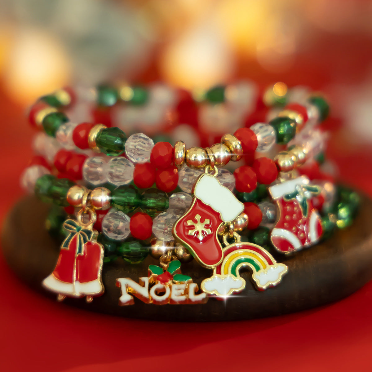 Conjunto de Pulseras de Cerámica Suave con Perlas de Caramelo Navideño