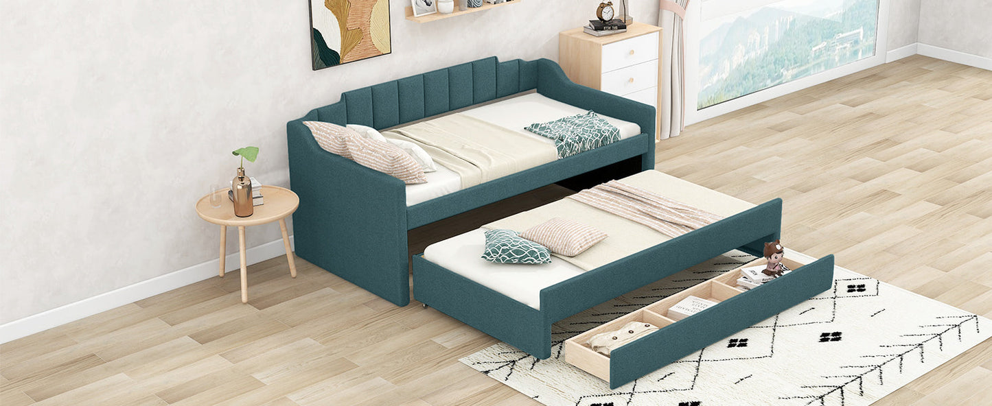 Twin Size Upholstered Daybed with Trundle and Three Drawers,Green - Korvel