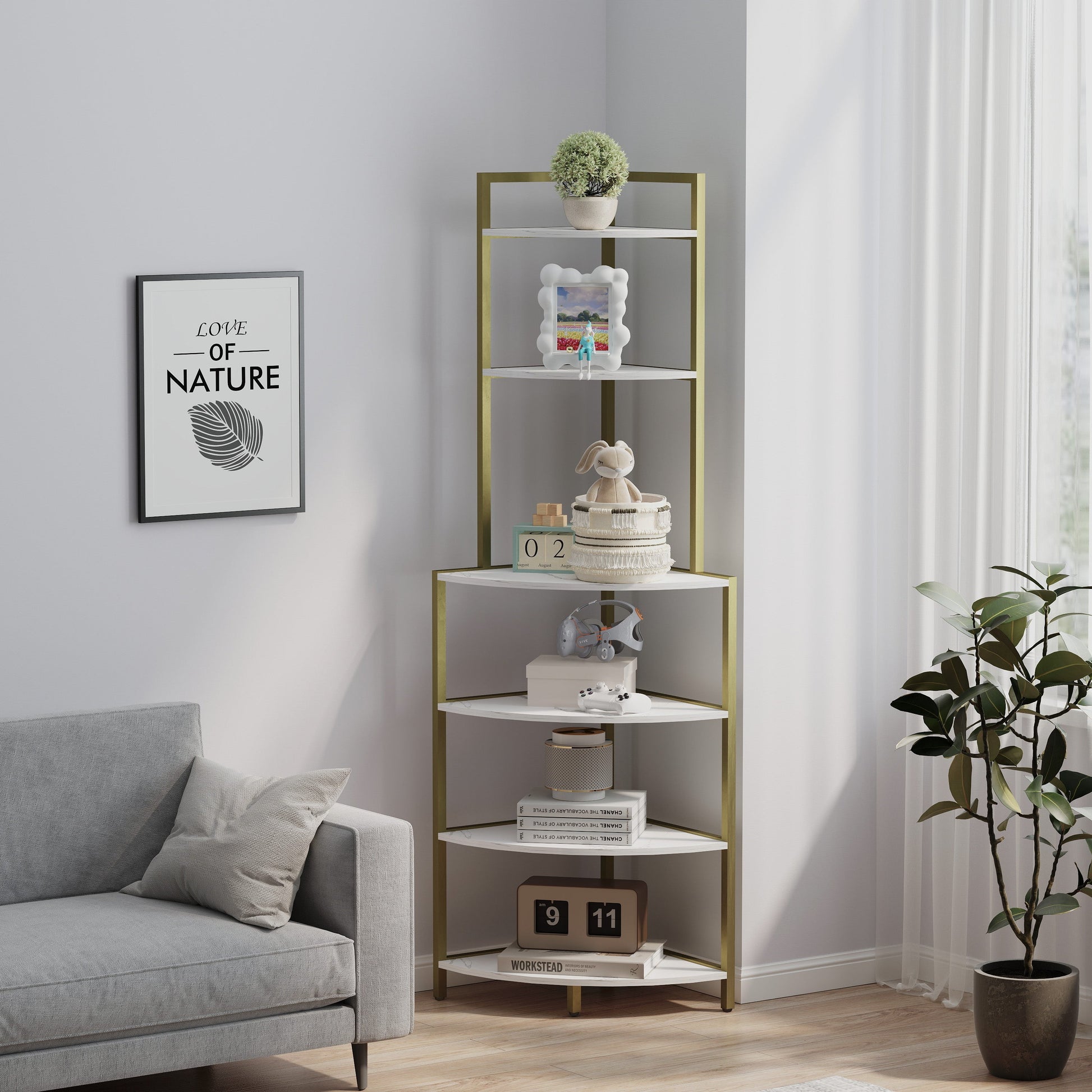 6-story corner open bookshelf, modern bookshelf, wooden frame, independent bookshelf unit, - Korvel