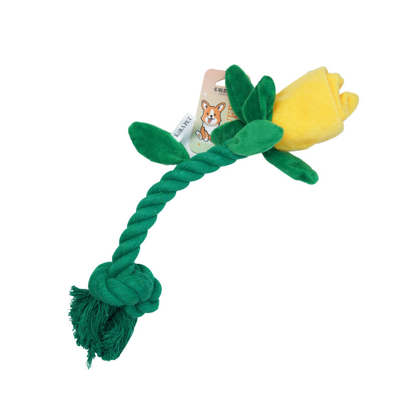 Dog Toy Rose Flower Plush Durable Biting Tooth Cleaning Cotton Rope Knot Crinkle Sound Self-Entertainment Interactive Pet Product - Korvel
