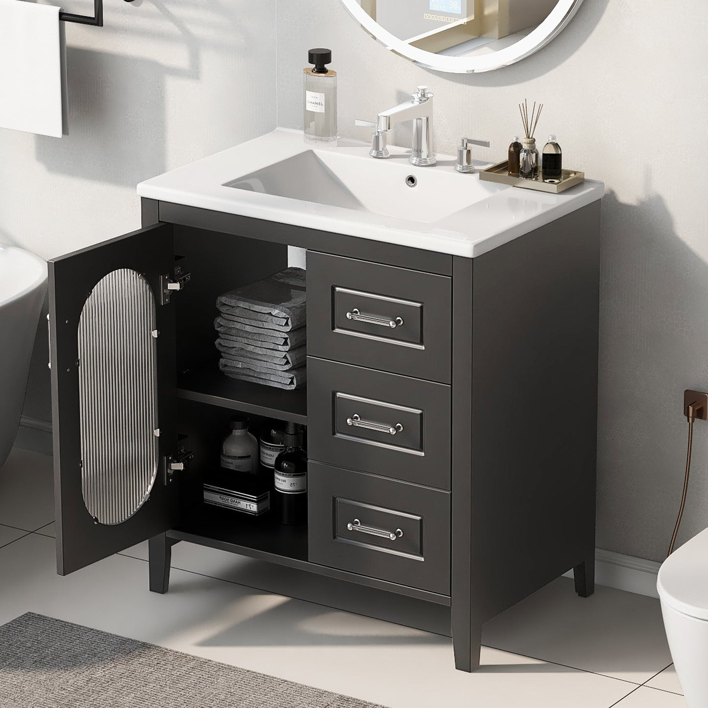 30" Bathroom Vanity with Sink, Bathroom Vanity Cabinet with Two Drawers and Door, Adjustable Shelf, Solid Wood and MDF, Black - Korvel