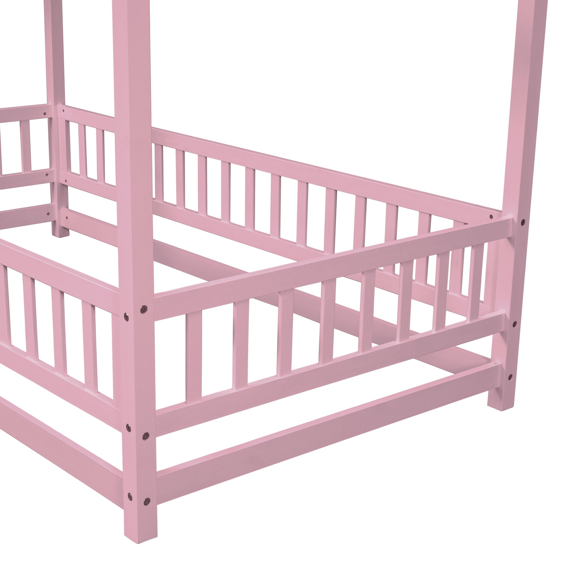 Twin Size Floor Wooden Bed with House Roof Frame, Fence Guardrails,Pink - Korvel