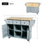 Kitchen handcart with rubber wood leaf countertop, storage cabinet, shelf, and 3 dining room drawers, gray blue - Korvel