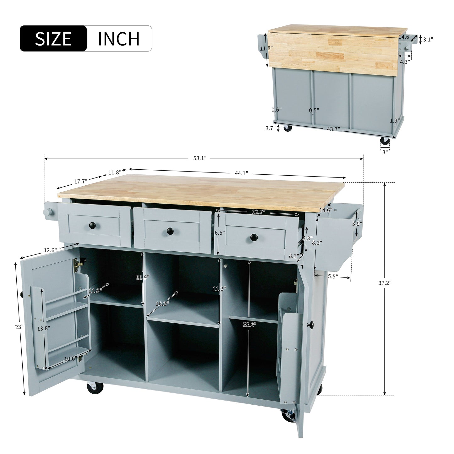 Kitchen handcart with rubber wood leaf countertop, storage cabinet, shelf, and 3 dining room drawers, gray blue - Korvel