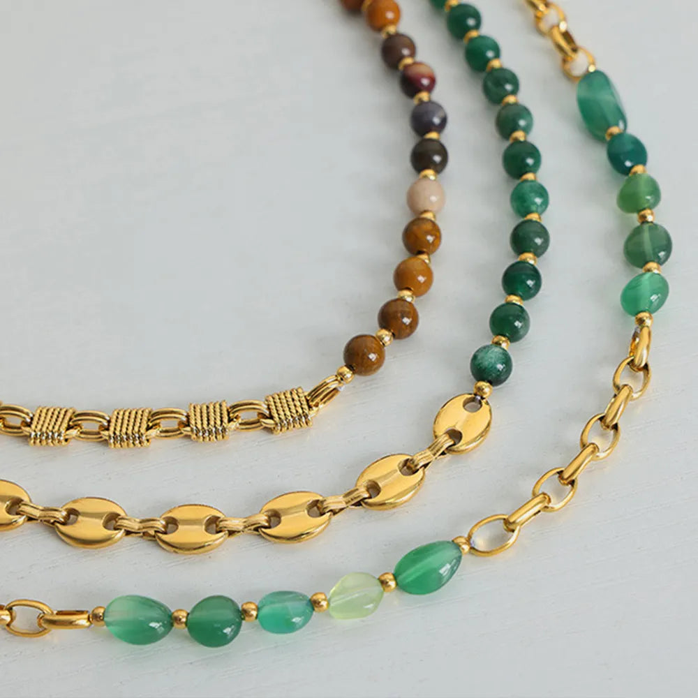 Collier en Chaîne de Perles d'Agate Élégant en Acier Titane Plaqué Or