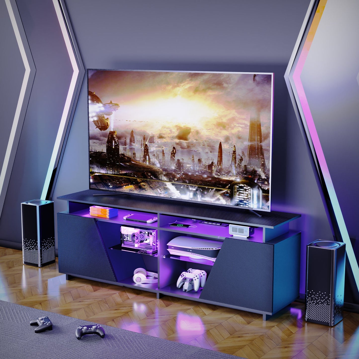 Gaming TV Stand for PS5 with Power Outlet,for TVs 75 inch and Below,LED Entertainment Center,Suitable for Living Room,Bedroom - Korvel