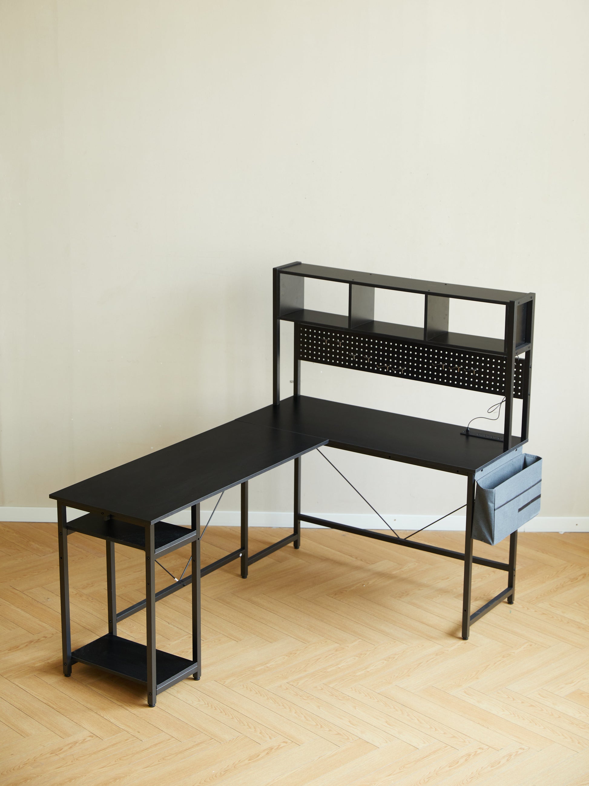 94.5 Inch Home Office Desk L shape gaming desk with LED storage Shelves METAL PANNEL and stool (BLACK) - Korvel