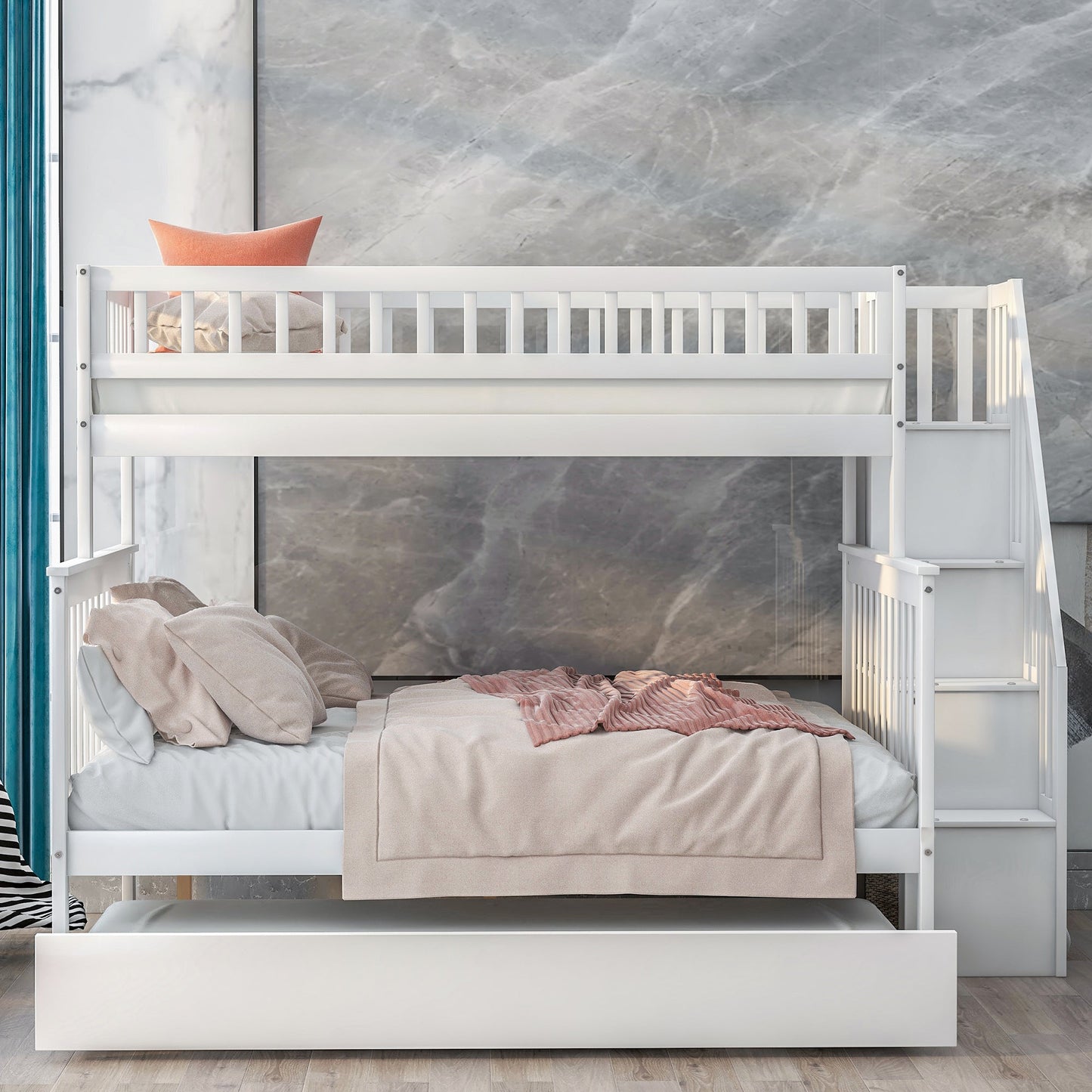 Elegant Twin over Full Bunk Bed with Trundle and Staircase - White