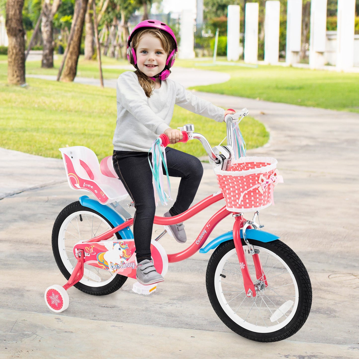 Bicicleta de 16 Pulgadas para Niñas con Asiento para Muñeca y Ruedas de Entrenamiento para Edades de
