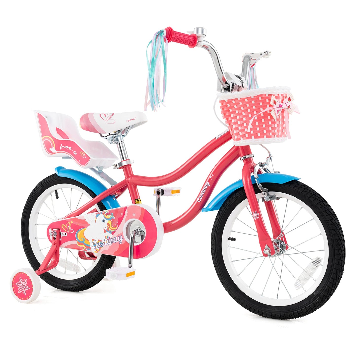 Bicicleta de 16 Pulgadas para Niñas con Asiento para Muñeca y Ruedas de Entrenamiento para Edades de