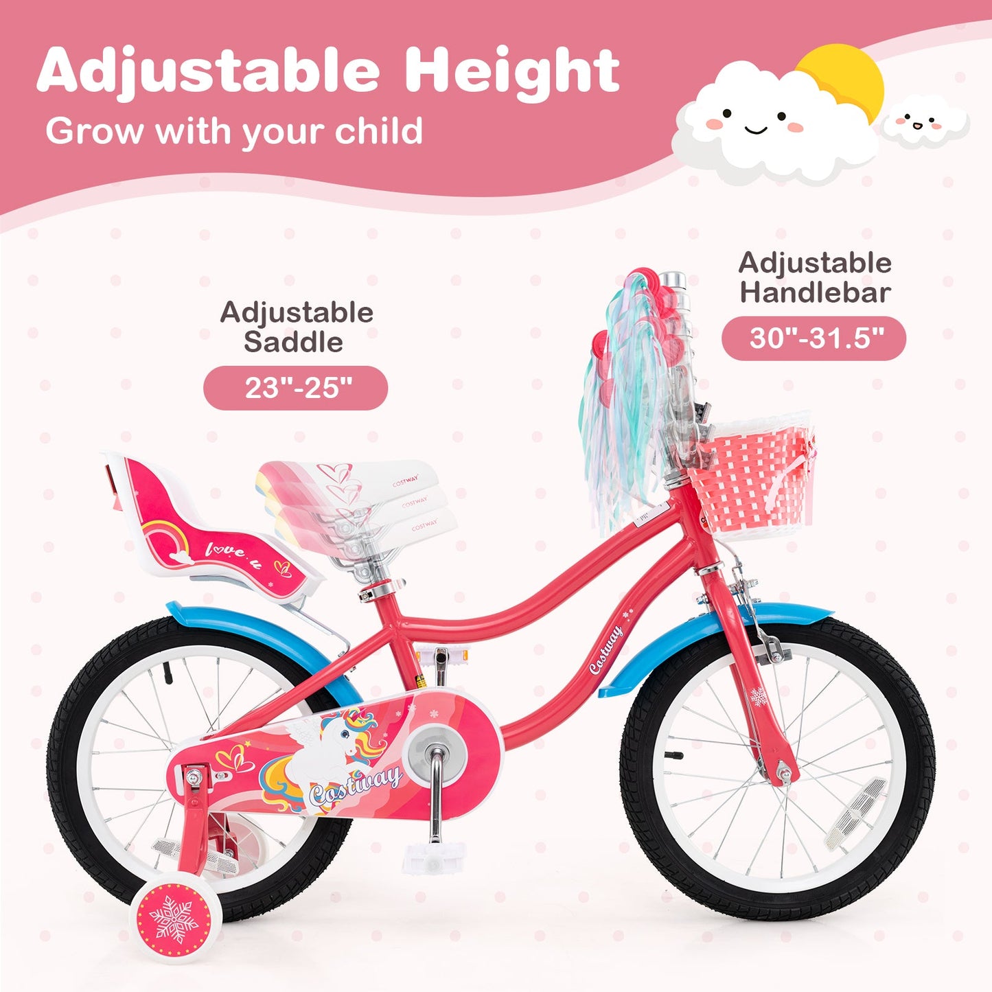 Bicicleta de 16 Pulgadas para Niñas con Asiento para Muñeca y Ruedas de Entrenamiento para Edades de