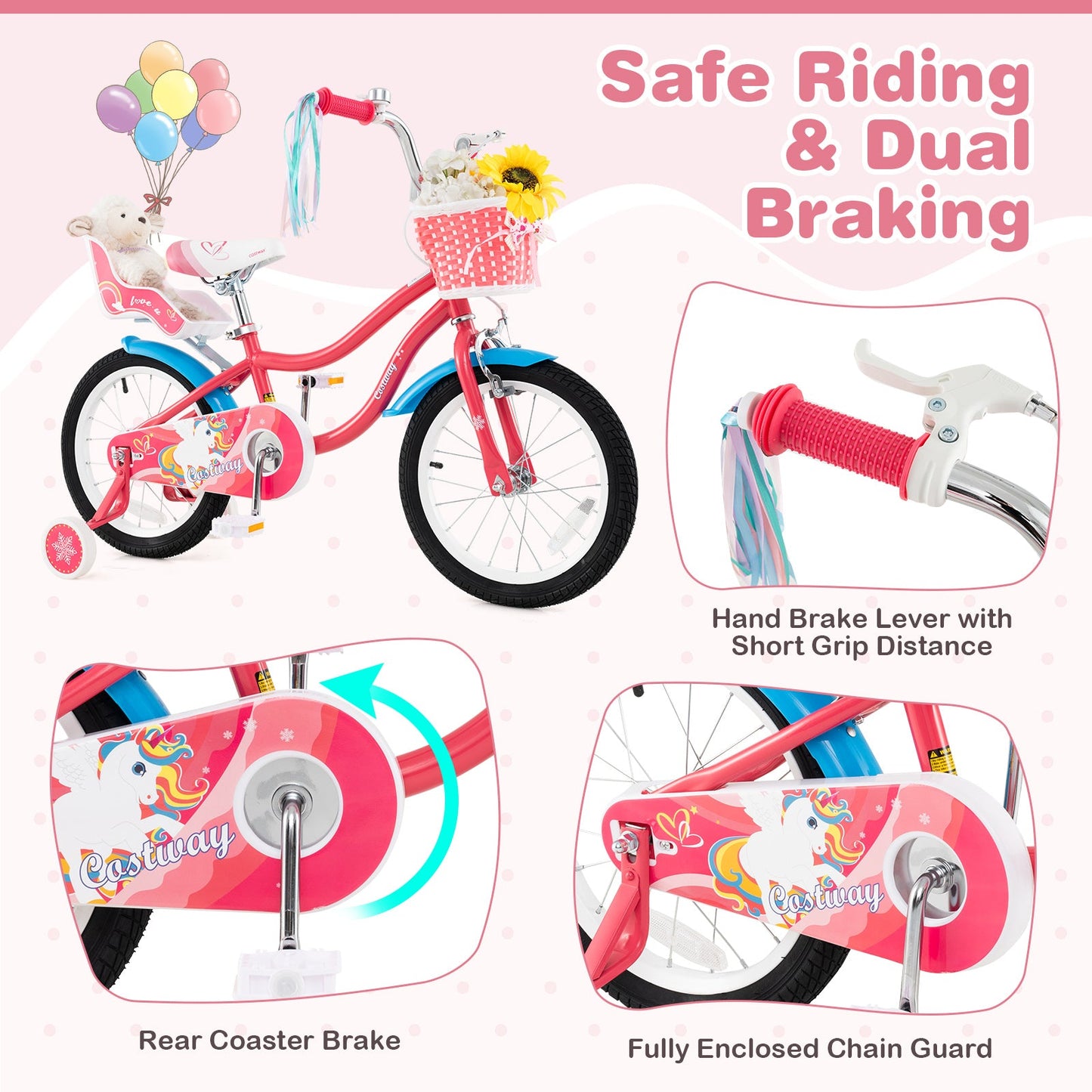 Bicicleta de 16 Pulgadas para Niñas con Asiento para Muñeca y Ruedas de Entrenamiento para Edades de