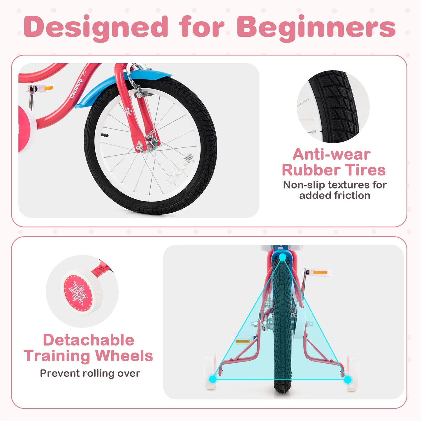 Bicicleta de 16 Pulgadas para Niñas con Asiento para Muñeca y Ruedas de Entrenamiento para Edades de