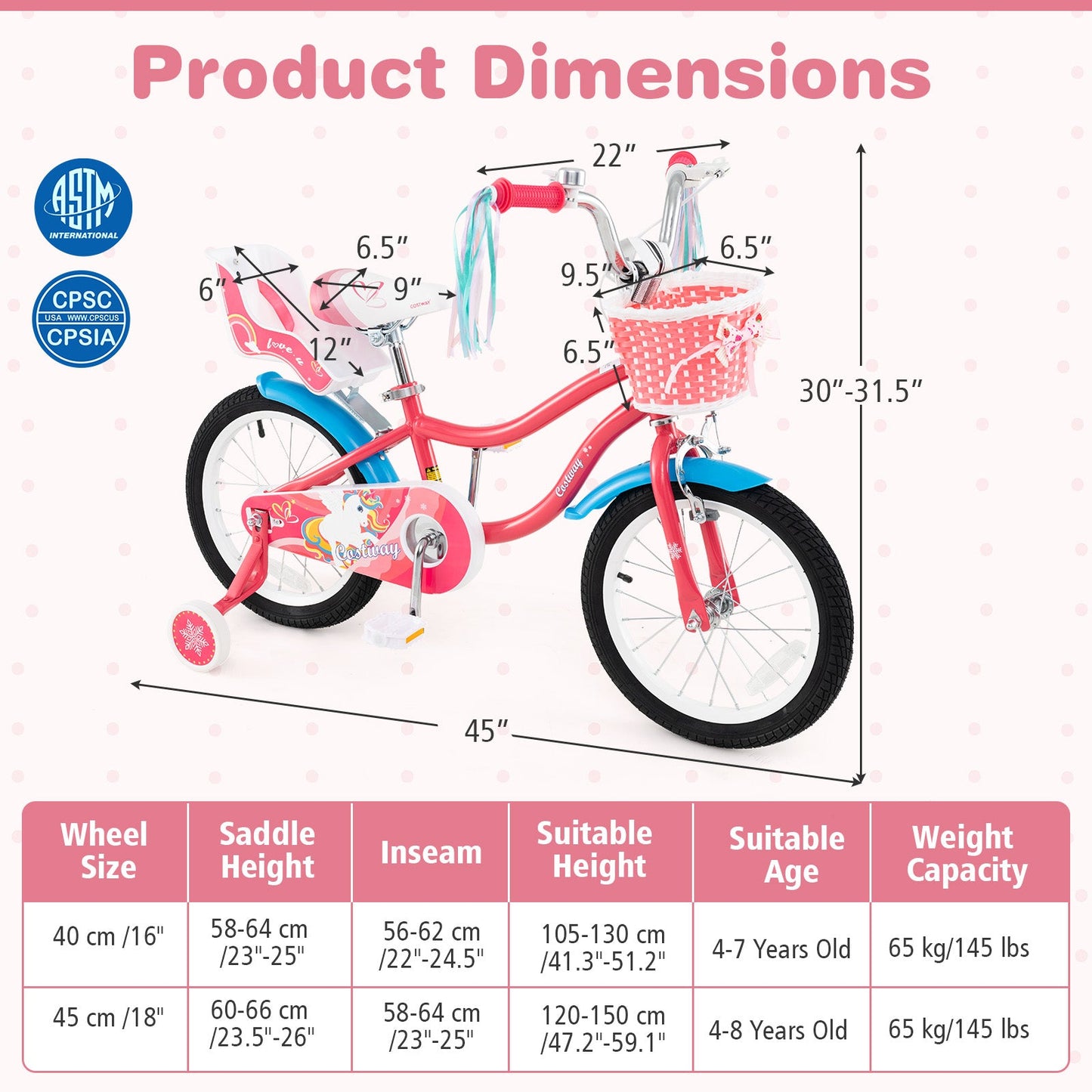 Bicicleta de 16 Pulgadas para Niñas con Asiento para Muñeca y Ruedas de Entrenamiento para Edades de