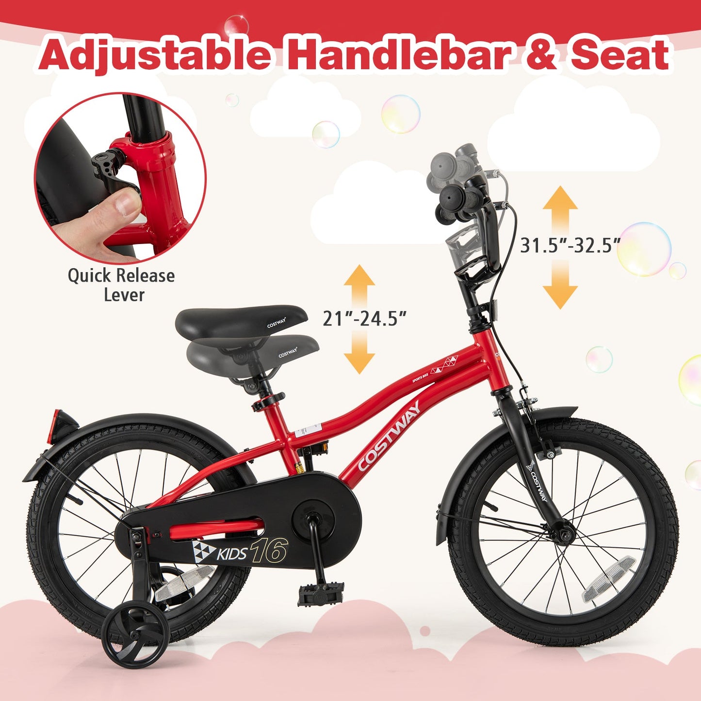 Vélo pour enfants ajustable de 16 pouces avec réflecteurs et klaxon