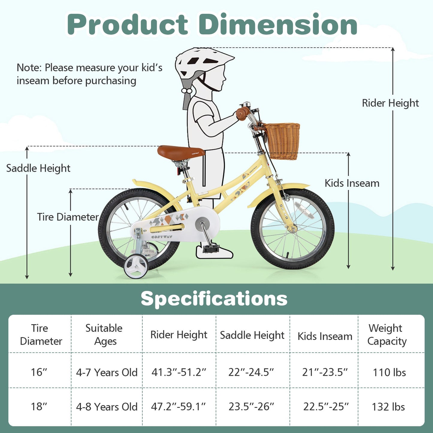 16 Inch Adjustable Kids Bike with Reflectors and Bell