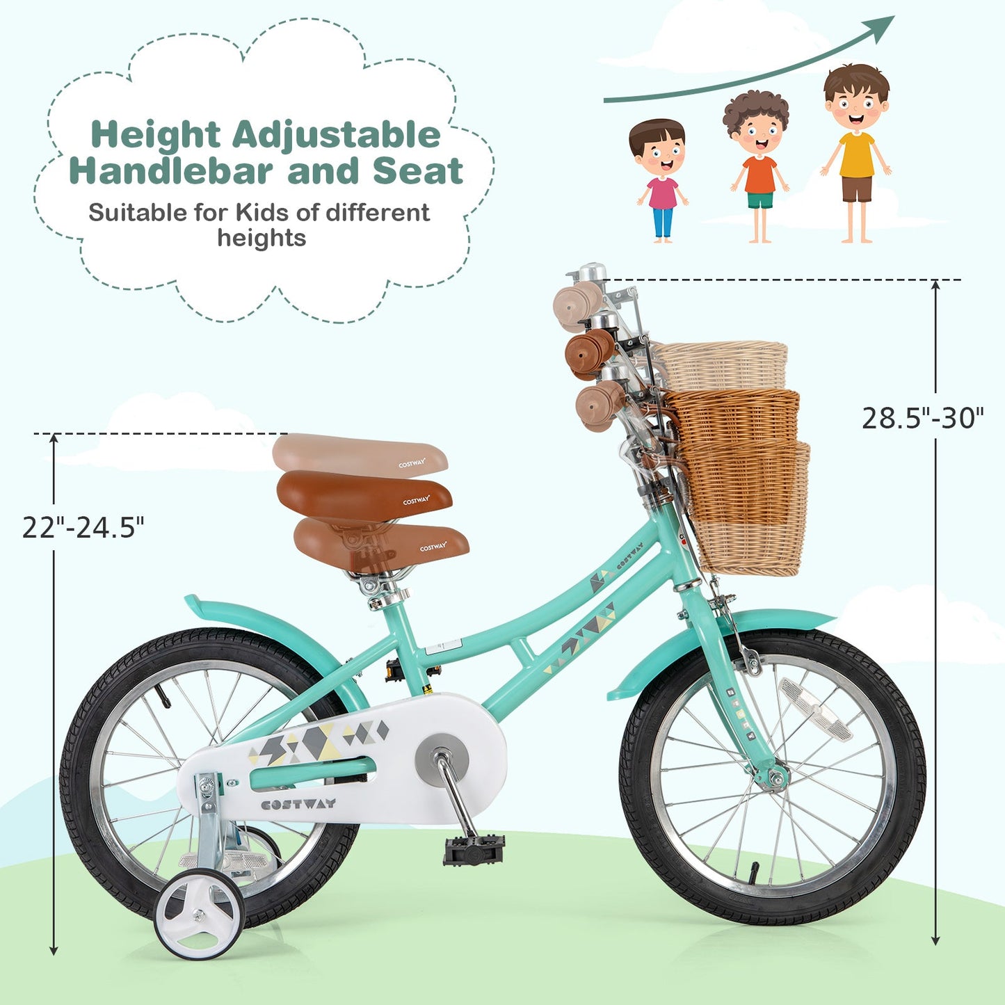 Vélo pour enfants de 16 pouces avec roues d'entraînement et système de freinage double