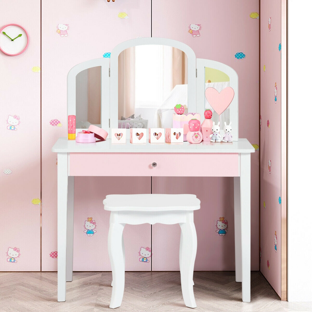 Kids Princess Makeup Dressing Table with Tri-Folding Mirror - White